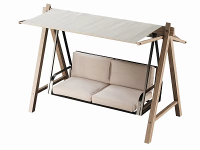 Outdoor Two Seat Swing Chair With Wooden Frame And Beige Canopy Cushions 3d model