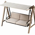 Outdoor Two Seat Swing Chair With Wooden Frame And Beige Canopy Cushions