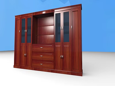 Dark Brown Wooden Storage Cabinet With Glass Doors Drawers And Open Shelves 3d model