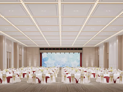 Banquet Hall Interior With White Tables Red Chair Covers Large Screen And Ceiling Lighting 3d model