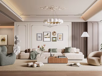 French Cream Style Home Living Room Sofa Coffee Table Combination Chandelier Plant Painting Floor Lamp 3d model