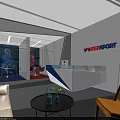 Modern INTERSPORT Reception Desk With Blue White Counter Yellow Chairs And Glass Coffee Table
