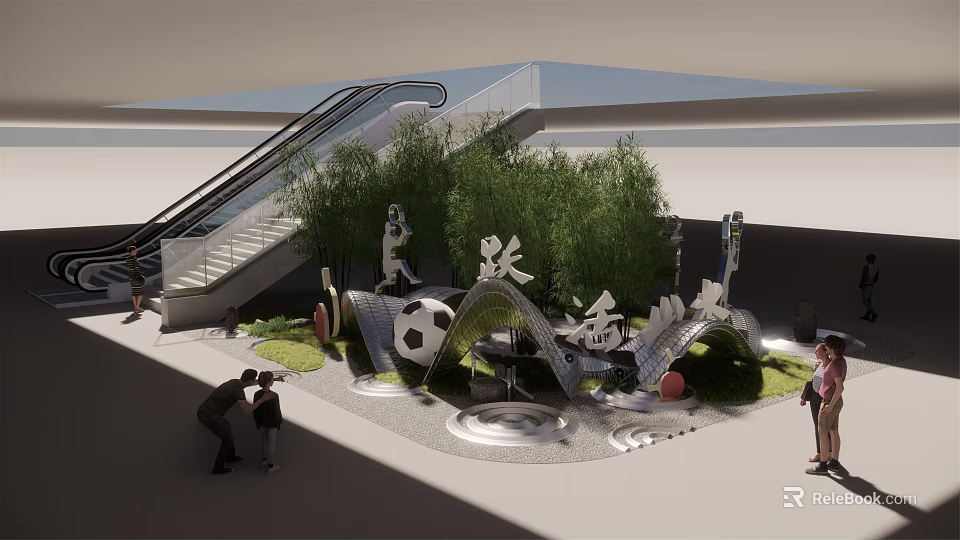 Artistic Garden Ornament with Green Plants Water Feature Football Decoration and People Interacting 3d model 