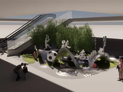 Artistic Garden Ornament with Green Plants Water Feature Football Decoration and People Interacting 3d model