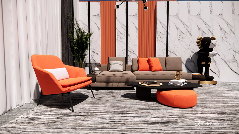 Modern Sofa Coffee Table Set With Gray Sofa Orange Pillows Ottoman And Marble Wall 3d model