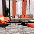 Modern Sofa Coffee Table Set With Gray Sofa Orange Pillows Ottoman And Marble Wall 3d model