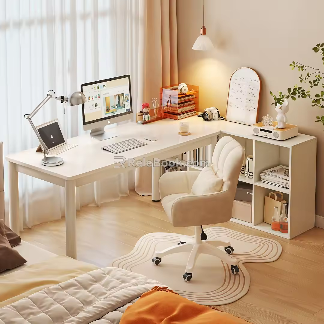 Desk Bedroom Study Table and Chair Combination Bookshelf Dressing Chair 3d model