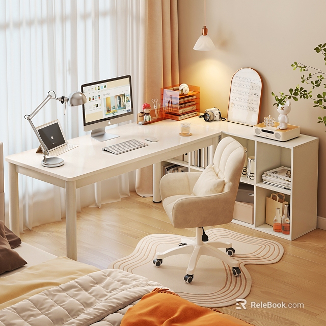 Modern White Home Office Desk With Computer Monitor Lamp Keyboard Bookshelf And Cozy Chair 3d model 