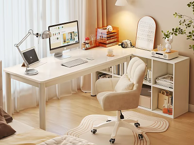 Modern White Home Office Desk With Computer Monitor Lamp Keyboard Bookshelf And Cozy Chair 3d model