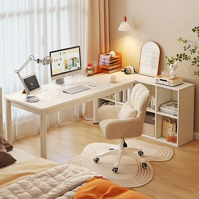 Modern White Home Office Desk With Computer Monitor Lamp Keyboard Bookshelf And Cozy Chair 3d model
