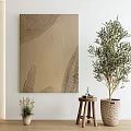 Minimalist Interior With Beige Textured Painting Olive Tree Small Wooden Stool And Potted Plant