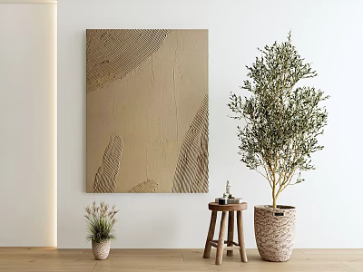 Minimalist Interior With Beige Textured Painting Olive Tree Small Wooden Stool And Potted Plant 3d model