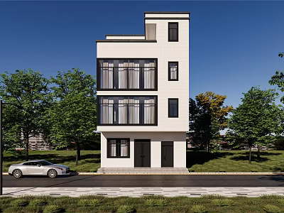Modern Detached Villa Exterior With White Facade Black Windows And Green Trees 3d model