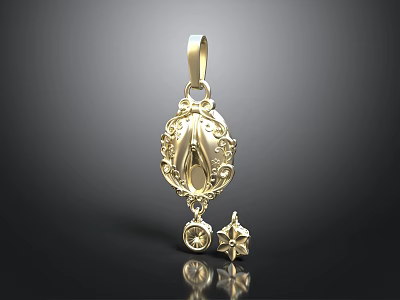 Ornate Gold Pendant With Intricate Floral Pattern Star Charm And Gemstone 3d model