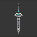 Ornate Decorative Sword With Blue Gemstone Hilt And Intricate Metallic Blade Design 3d model