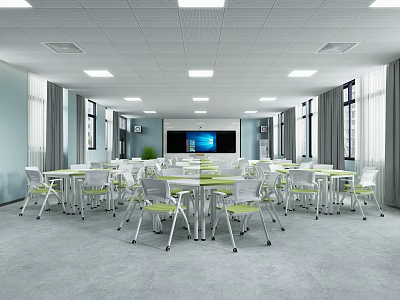 Modern Conference Room Interior Design With Green Chairs White Tables And Large Screen 3d model