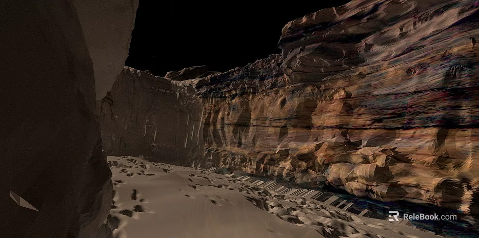 Canyon Landscape Featuring Rocky Cliffs Layered Rock Formations Sandy Ground And Dark Sky 3d model 