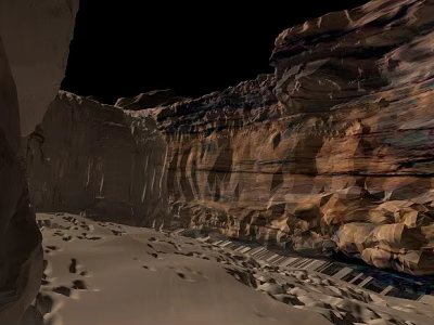 Canyon Landscape Featuring Rocky Cliffs Layered Rock Formations Sandy Ground And Dark Sky 3d model