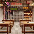 Nostalgic Industrial Style Hot Pot Restaurant Interior Design With Wooden Dining Sets And Food