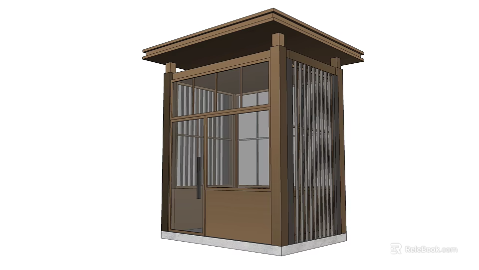 Brown Guard House Structure Featuring Glass Windows Metal Grilles Sloped Roof And White Base 3d model 
