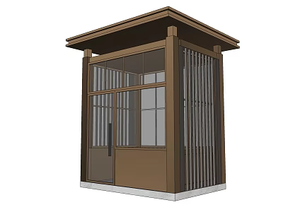 Brown Guard House Structure Featuring Glass Windows Metal Grilles Sloped Roof And White Base 3d model