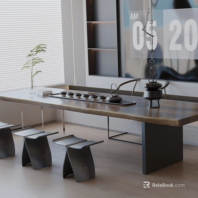 Modern Tea Room Interior With Wooden Table Tea Set Black Stools And Window Blinds 3d model 
