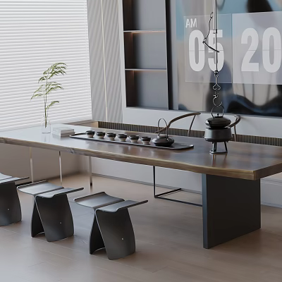 Modern Tea Room Interior With Wooden Table Tea Set Black Stools And Window Blinds 3d model