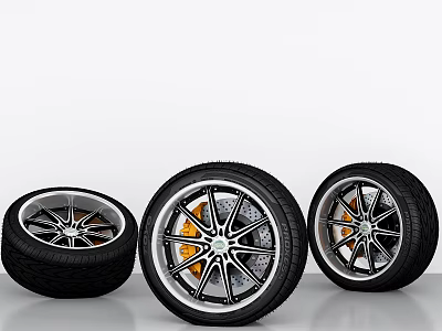 Stylish Black Car Tires With Silver Spoked Alloy Rims And Orange Brake Calipers 3d model
