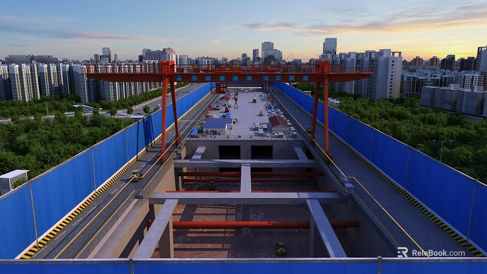 Road Infrastructure Construction at Urban Site With Red Crane Structure and Blue Barriers 3d model 