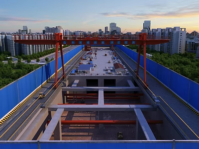 Road Infrastructure Construction at Urban Site With Red Crane Structure and Blue Barriers 3d model