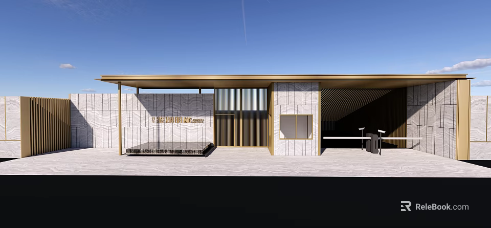 Modern Entrance Gate With Metal Canopy Glass Panels And Stone Wall Elements 3d model 