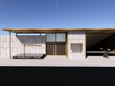 Modern Entrance Gate With Metal Canopy Glass Panels And Stone Wall Elements 3d model