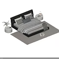 Elegant Double Bed With Leather Headboard Plush Pillows Side Tables Potted Plant And Striped Rug