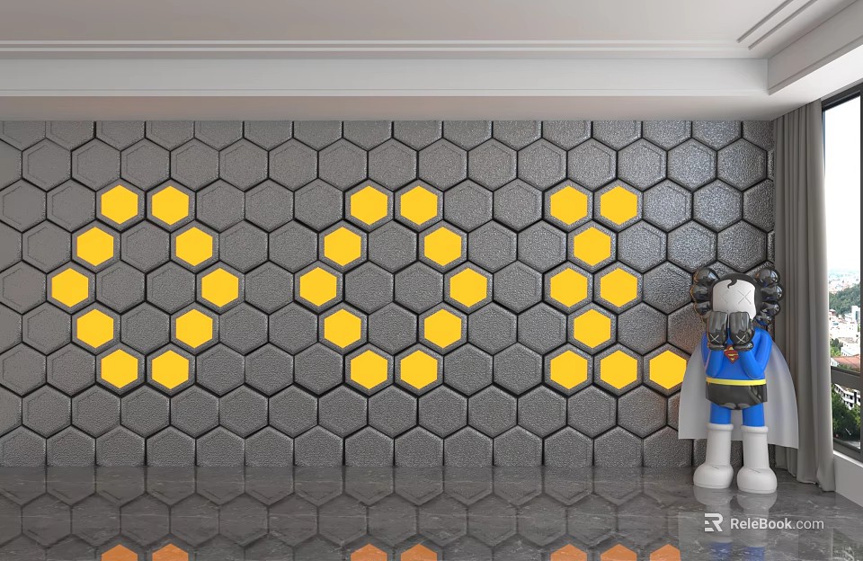 Gray Hexagonal Patterned Background Wall With Yellow Accents And Decorative Figure 3d model