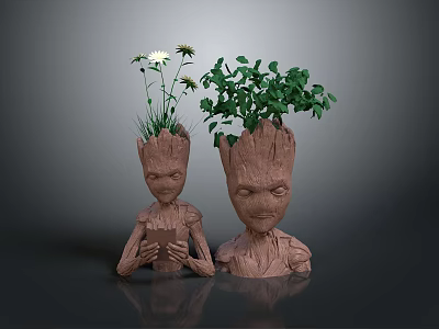 Groot Shaped Decorative Planter Figurines With White Yellow Flowers And Green Leafy Plants 3d model