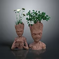Groot Shaped Decorative Planter Figurines With White Yellow Flowers And Green Leafy Plants