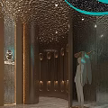 Modern Elevator Lobby Design With Golden Textured Ceiling And Teal Accent Lighting 3d model