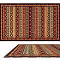 Colorful Square Rug With Intricate Striped Patterns And Vibrant Red Yellow Green Ornate Motifs