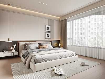 Modern Bedroom Interior With Large Bed Window Curtains Nightstand Lamp And Area Rug 3d model