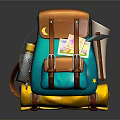 Vintage Teal Brown Backpack Design With Leather Straps Water Bottle And Map