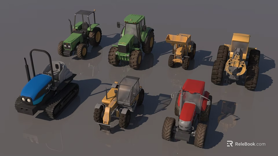 Diverse Functional Vehicles Including Green Tractors Yellow Loaders And Excavators 3d model
