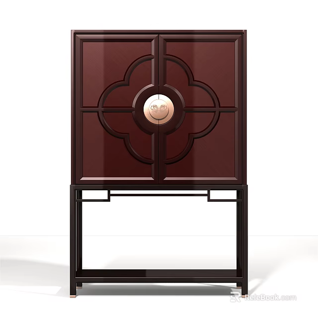 Elegant Deep Red Decorative Cabinet With Circular Copper Accent And Black Base 3d model 