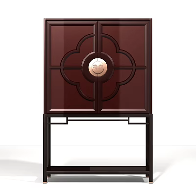 Elegant Deep Red Decorative Cabinet With Circular Copper Accent And Black Base 3d model