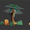 3D Tropical Island Model With Palm Tree Blue Water Sandy Beach And Rocks