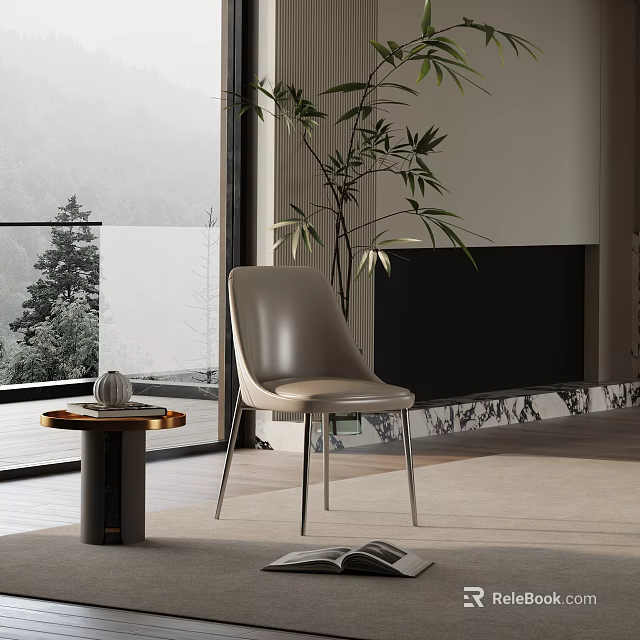 Leather Accent Chair With Metal Legs In Modern Living Room Mountain View Potted Plant 3d model 