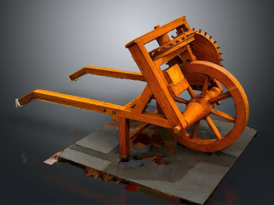 Ancient Wooden Siege Engine Catapult With Wheels Gears Levers And Fallen Leaves On Platform 3d model