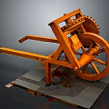 Ancient Wooden Siege Engine Catapult With Wheels Gears Levers And Fallen Leaves On Platform