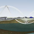 Modern White Arch Bridge with Vehicles Driving and Green Surrounding Landscape