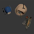 Construction Tools Setup with Blue Cement Mixer Shovels Sand and Rusty Metal Funnel