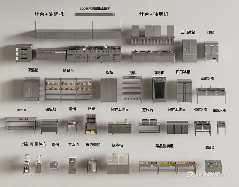 Commercial Kitchen Equipment Collection Featuring Stoves Steamers Refrigeration Units And Storage Racks 3d model 